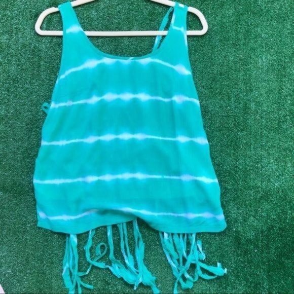 Tea n Cup Green & White Tie Dye Caged Back Sleeveless Top with Fringe - Picture 6 of 8